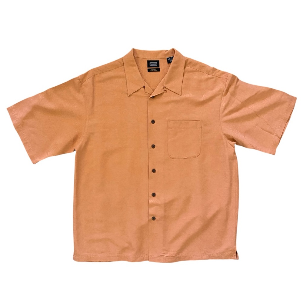 Haggar Men’s 100% Silk Button Down Short Sleeve Shirt Palm Trees Orange Size XL